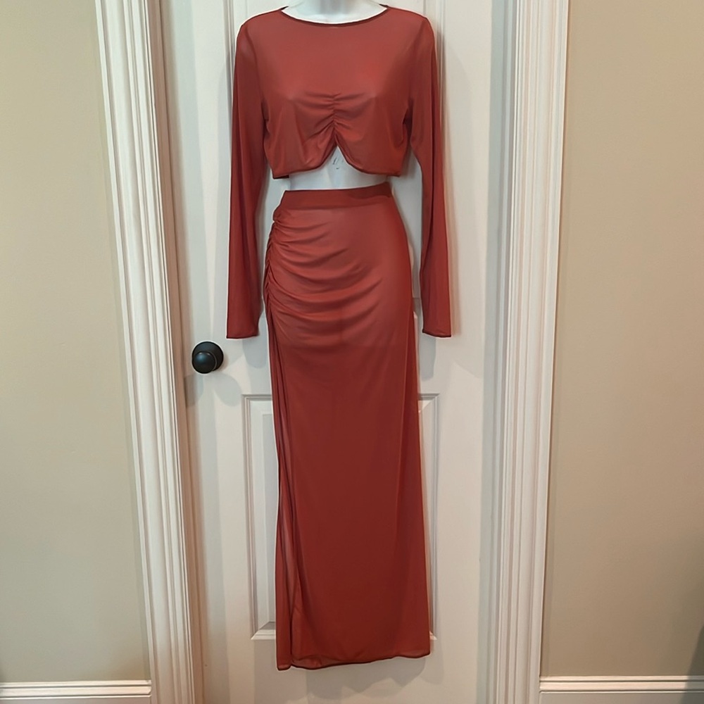 NWT SWIM ROUX RUCHED RUST TWO PIECE MESH TOP SKIRT RESORT COVER UP LARGE /XL